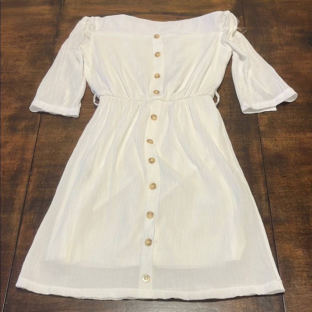 Off-Shoulder White Dress with Button Detail